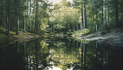 A quiet pond reflecting a perfect mirror image of the surrounding forest.