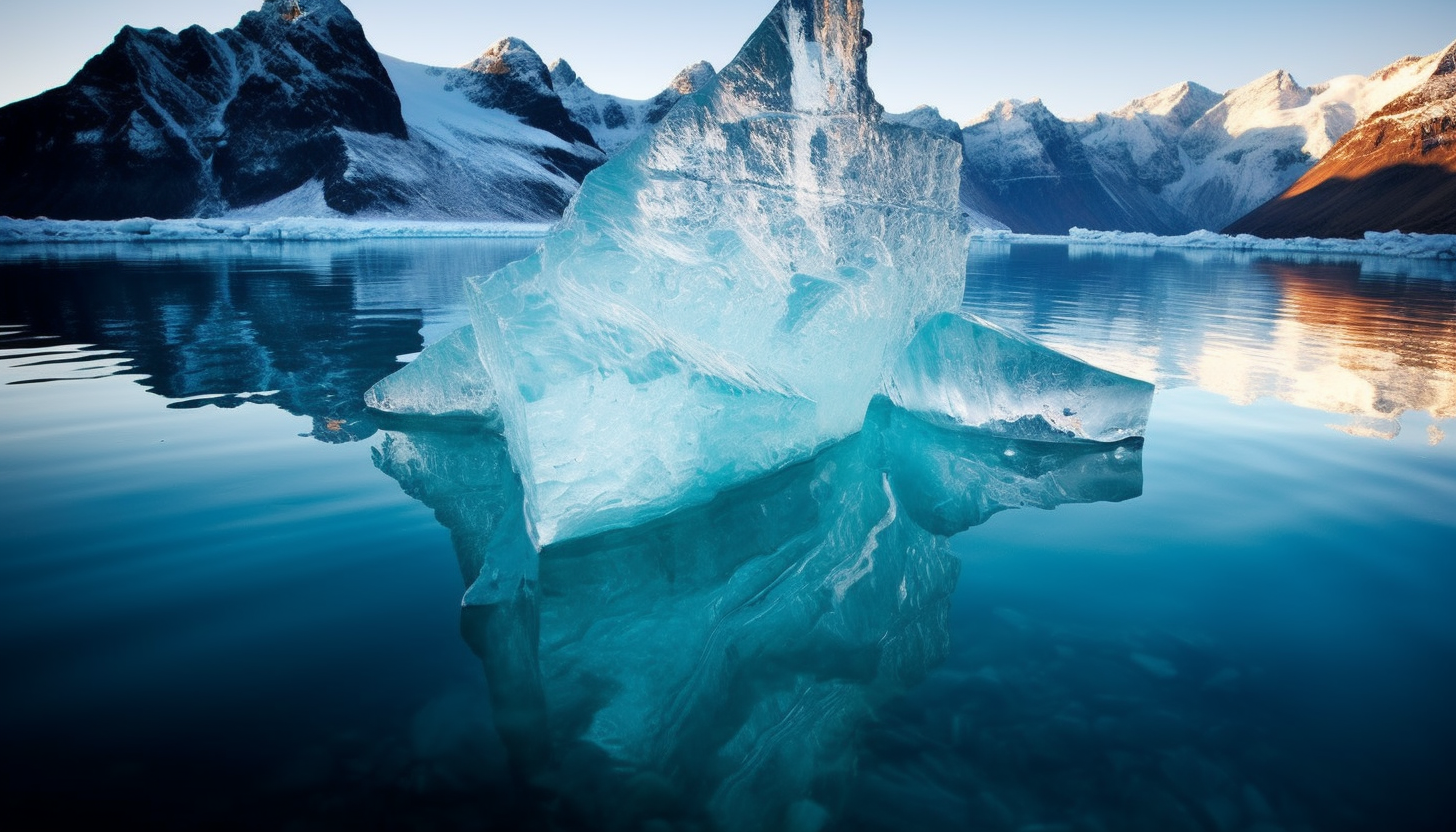 A jagged ice formation on a crystal clear lake.