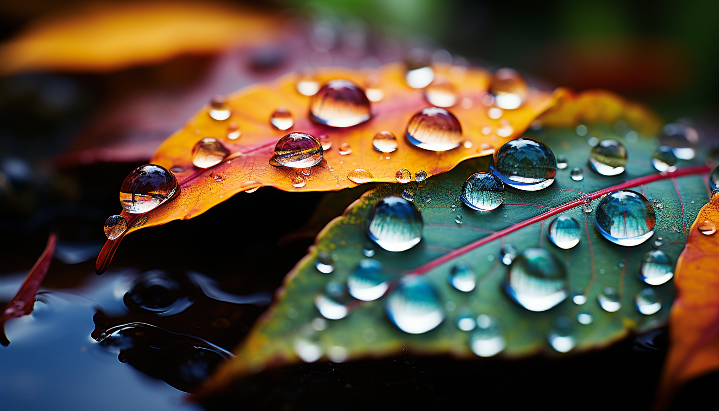 Extreme close-up of dewdrops on a leaf, refracting sunlight into a rainbow of colors.