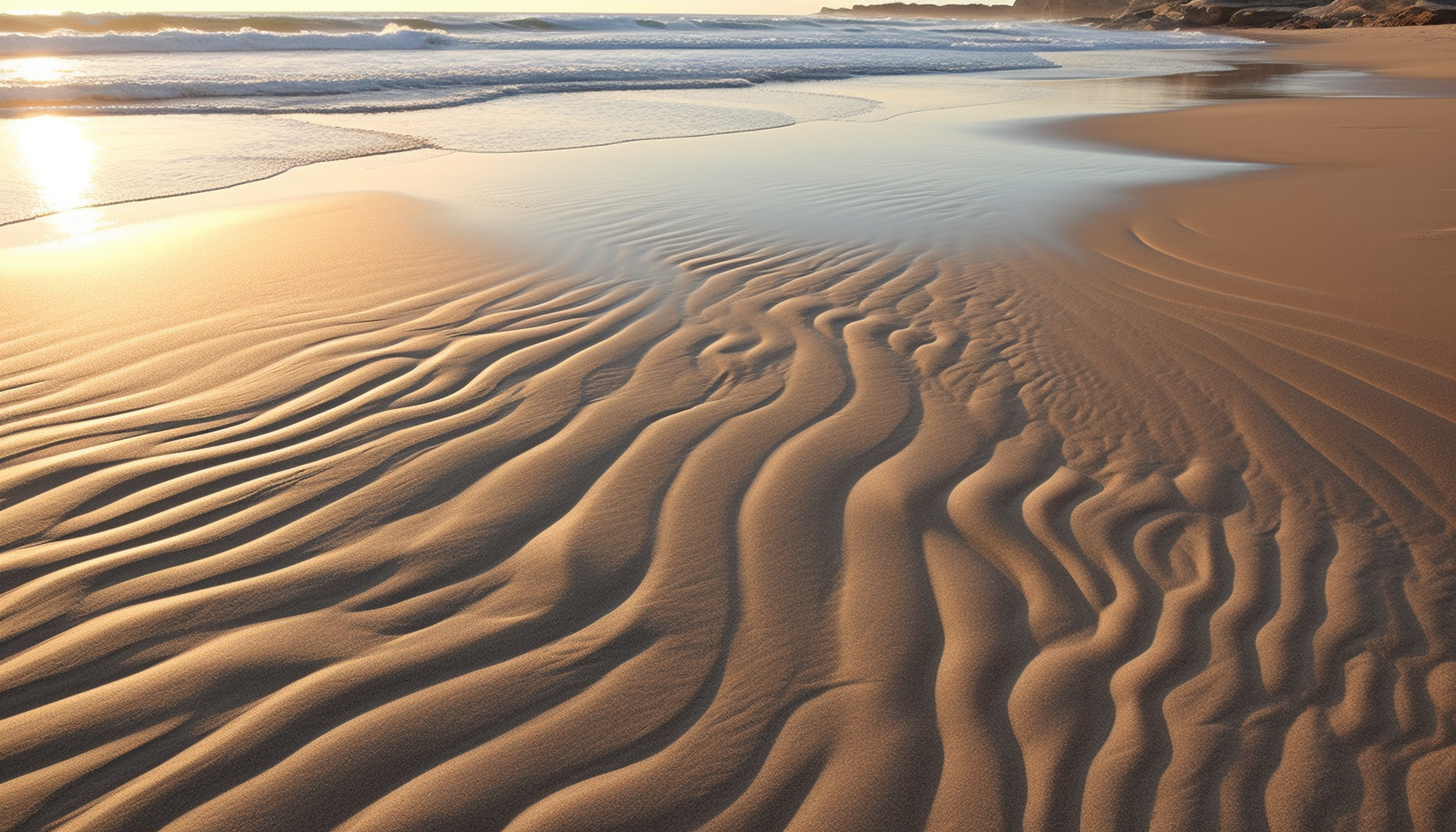 Sand patterns left behind by receding waves on a pristine beach.