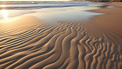 Sand patterns left behind by receding waves on a pristine beach.