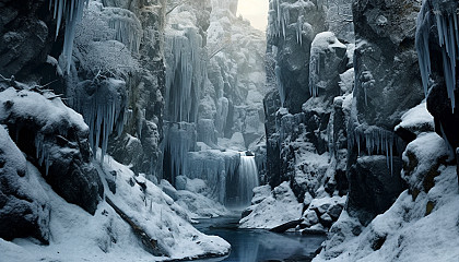 Frozen waterfalls in a winter wonderland.