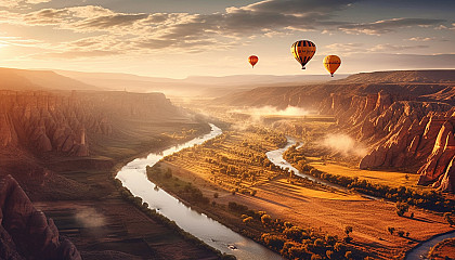 Hot air balloons floating over a picturesque valley.