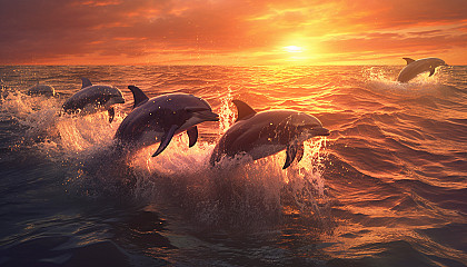 A pod of dolphins leaping from the ocean at sunset.