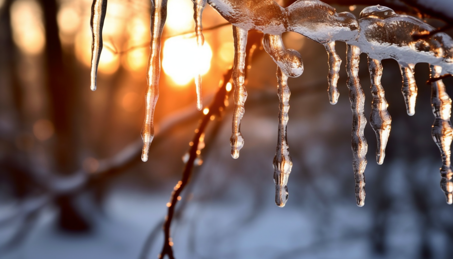 Glistening icicles hanging from a tree branch.