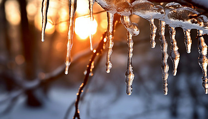 Glistening icicles hanging from a tree branch.