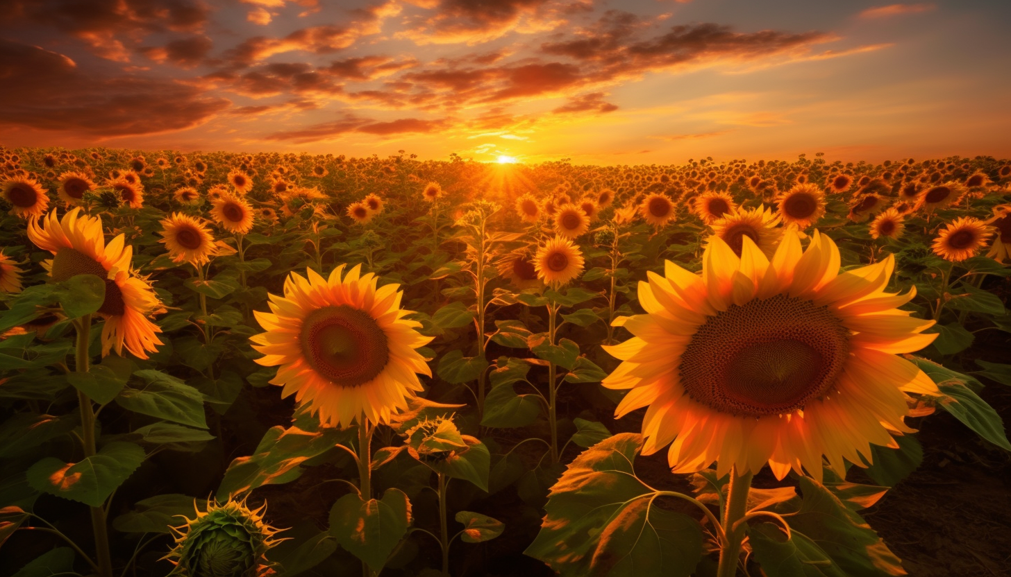 A field of sunflowers turning towards the sun.