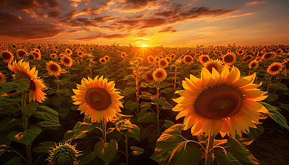 A field of sunflowers turning towards the sun.