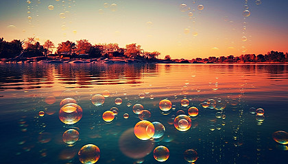 Iridescent bubbles floating over a calm lake.
