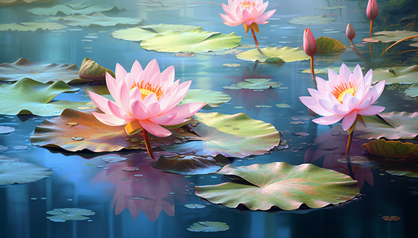 Blooming lotus flowers floating on a tranquil pond.