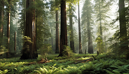 Majestic redwood trees towering in an ancient forest.