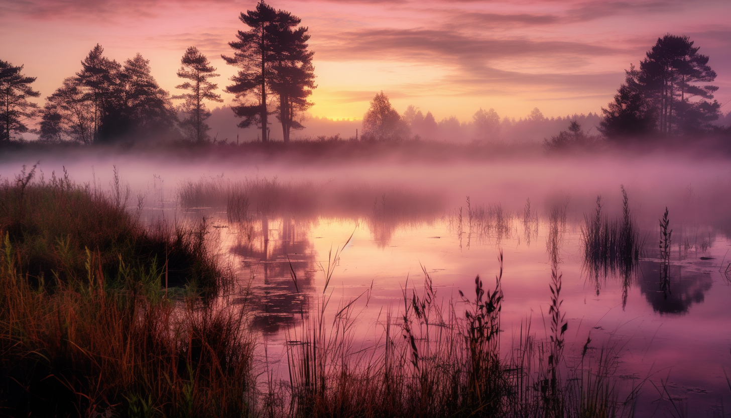 Mist rising from a tranquil lake at dawn.