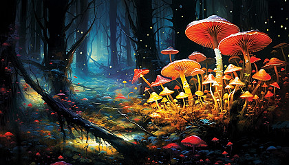 Vibrant fungi glowing in a dense, dark forest.