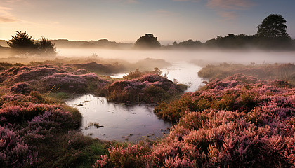 A misty moor with heather in bloom, stretching to the horizon.