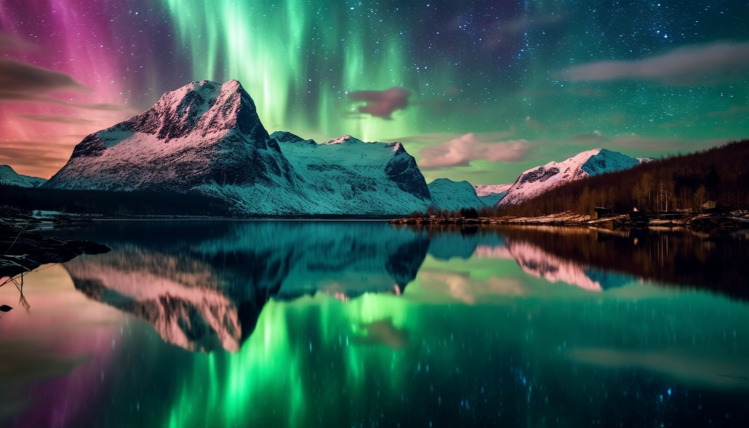 A mirrored lake reflecting the aurora borealis.