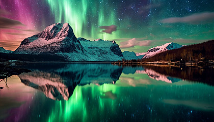 A mirrored lake reflecting the aurora borealis.