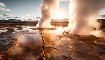 Geysers erupting with steam and hot water in a geothermal area.