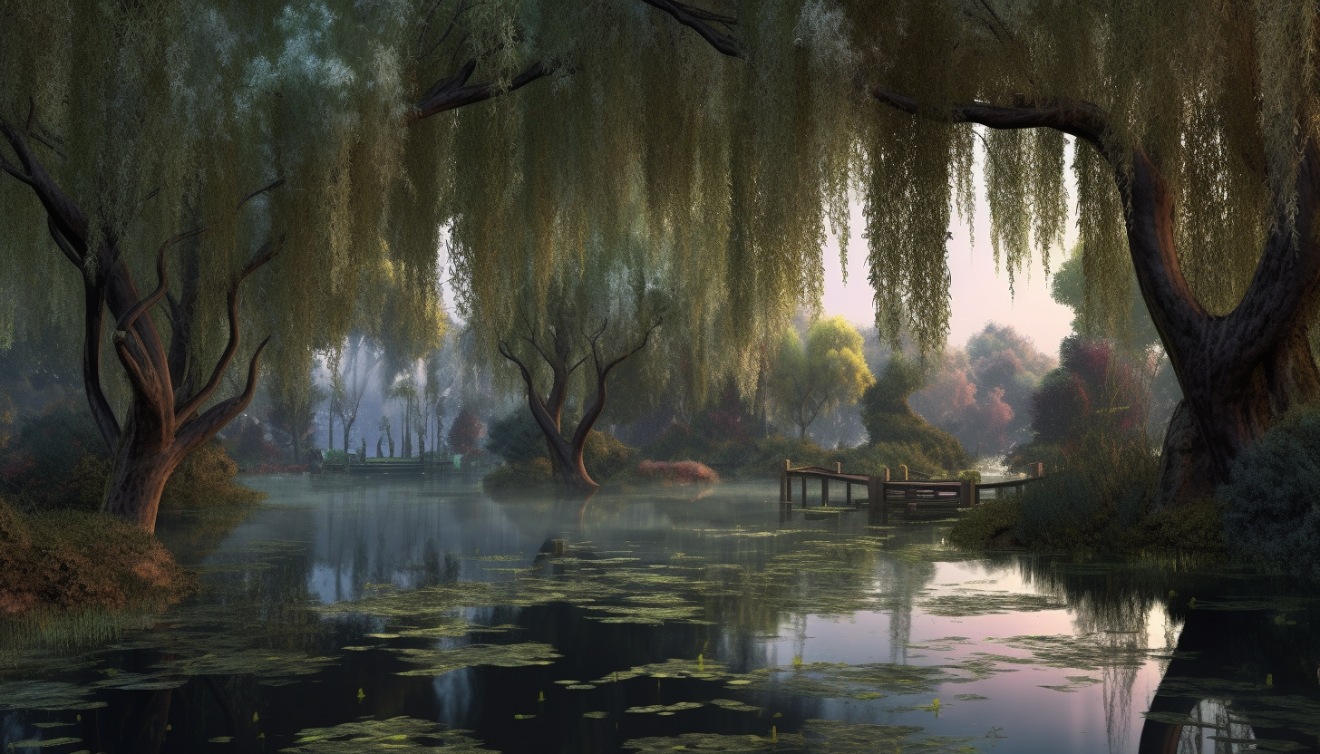 A grove of weeping willows by a tranquil pond.