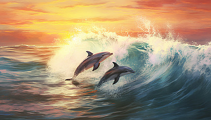 A group of playful dolphins jumping out of the ocean waves.