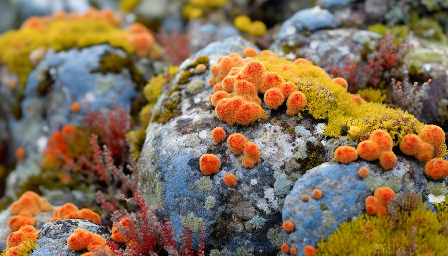 Brightly colored lichen growing on rocks in vibrant patterns.