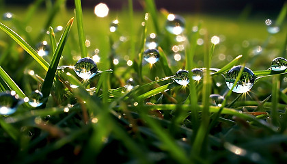 Dewdrops sparkling like diamonds on blades of grass.