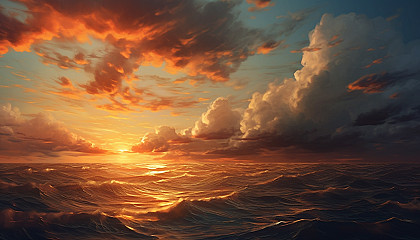 Dramatic cloud formations at sunset over a tranquil sea.