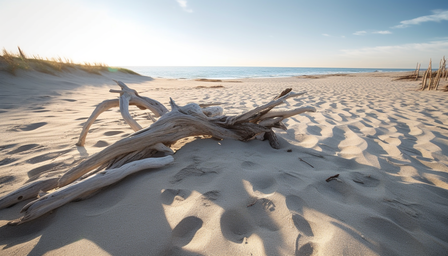 Sun-bleached driftwood strewn across a sandy beach.