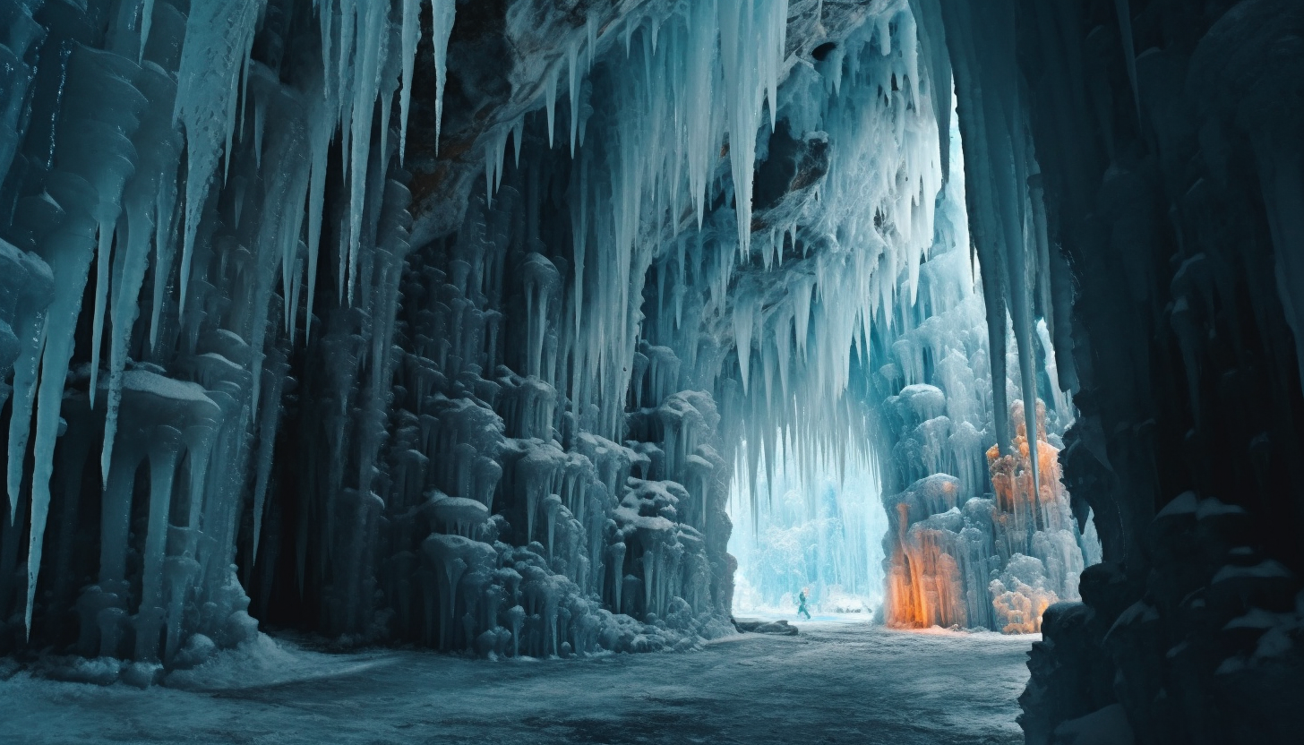 Icy stalactites hanging from the mouth of a frigid cave.