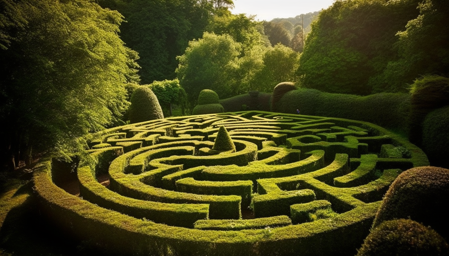 A labyrinthine hedge maze in a serene garden.