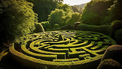 A labyrinthine hedge maze in a serene garden.
