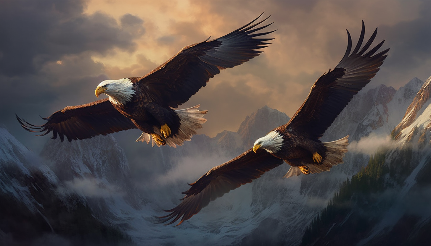 Majestic eagles soaring above rugged mountain ranges.