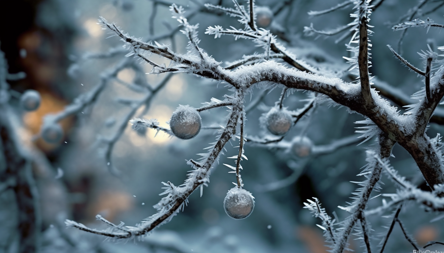 Snowflakes delicately perched on a branch, transforming the forest into a winter wonderland.