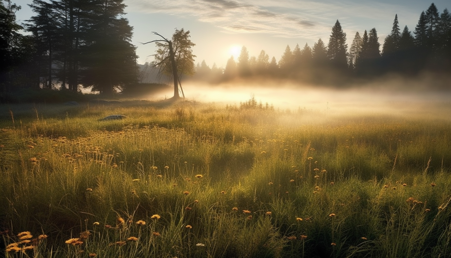 Sunlight filtering through the fog in an early morning meadow.