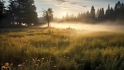 Sunlight filtering through the fog in an early morning meadow.