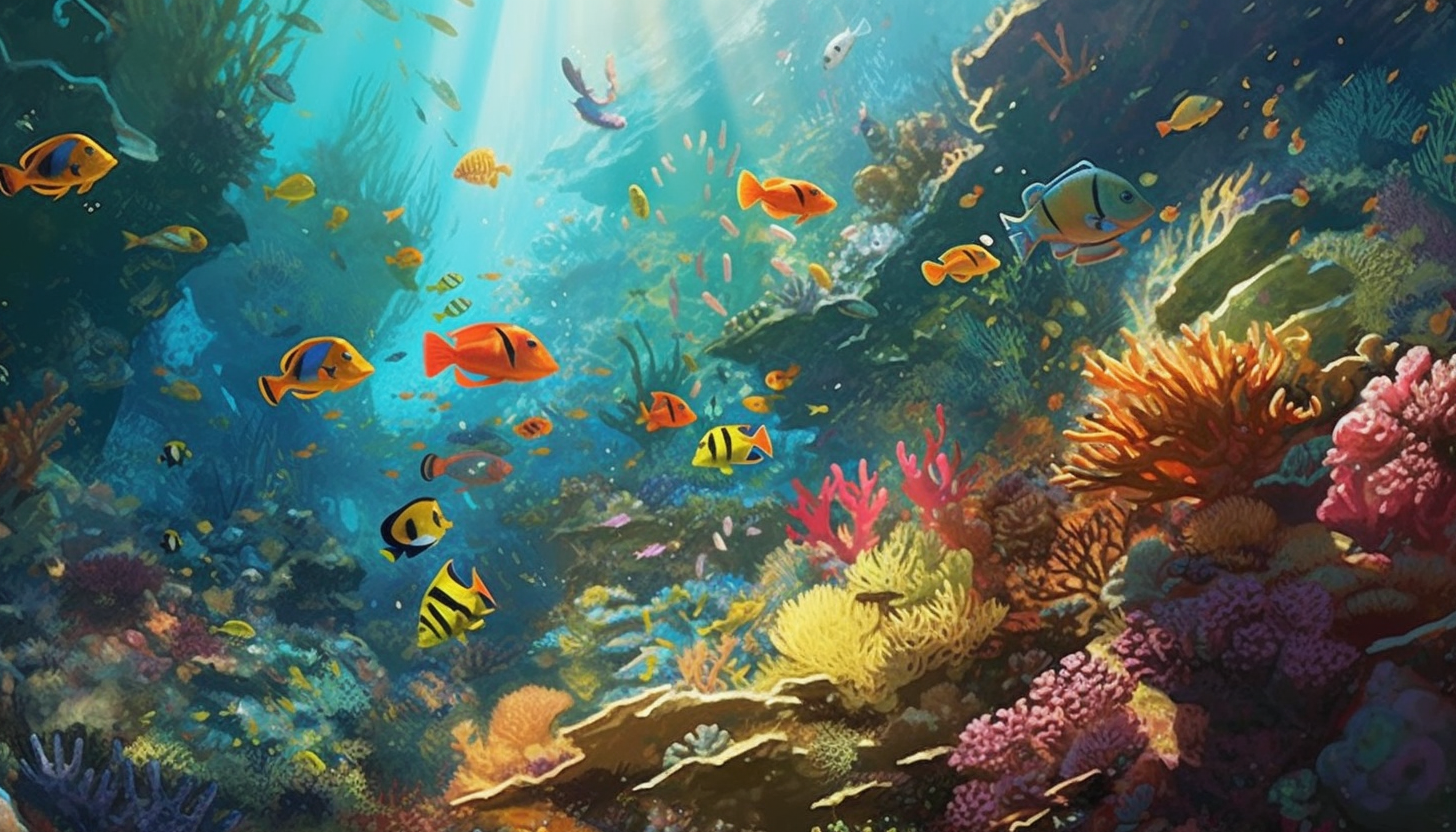 A school of radiant, tropical fish darting through a coral reef.