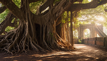 An ancient banyan tree spreading its roots and branches wide.