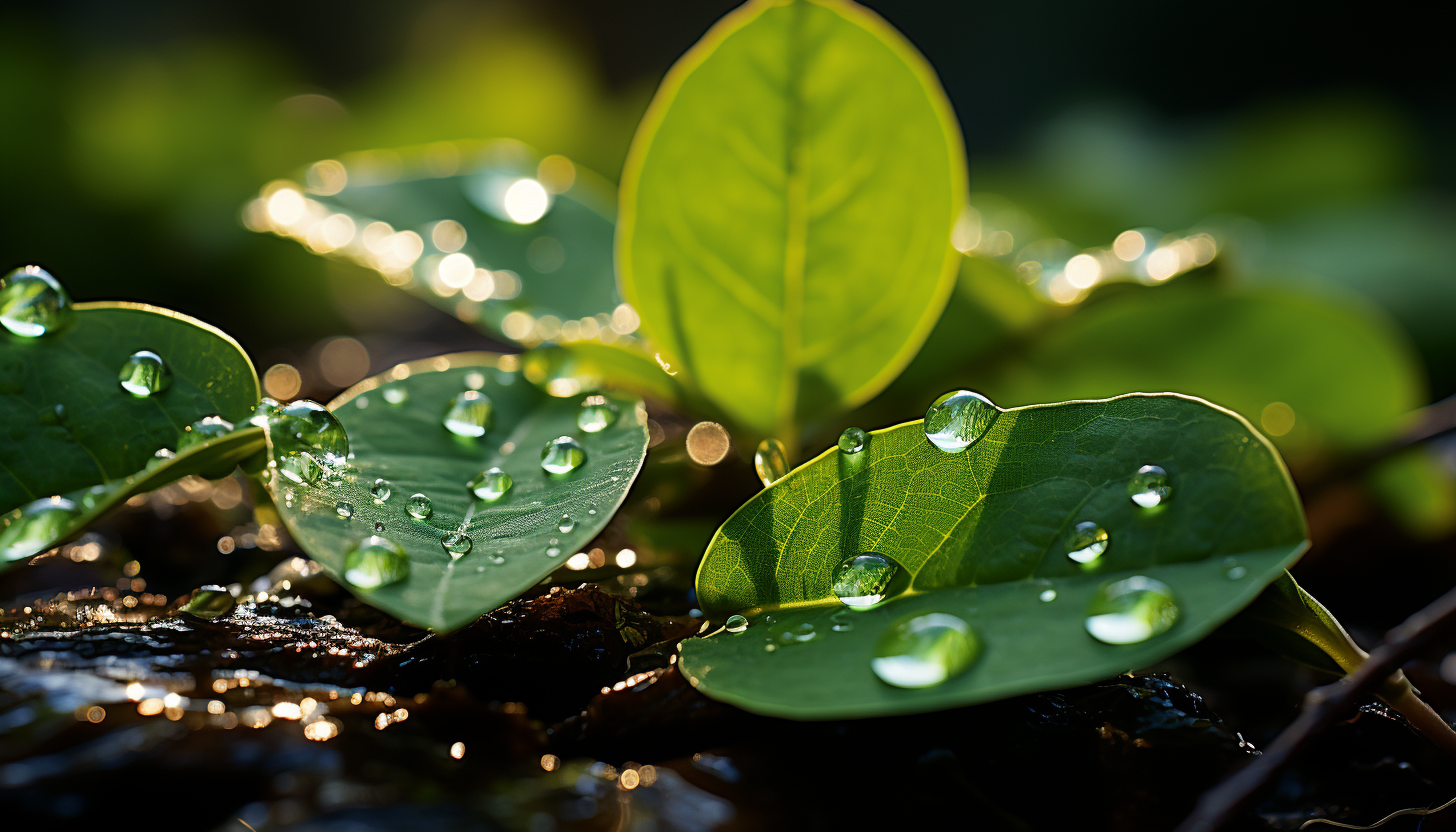 Close-up of a dewdrop on a leaf reflecting the morning sun.