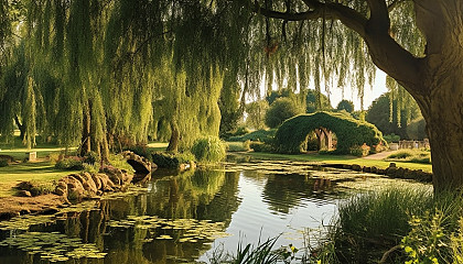 A grove of weeping willows by a tranquil pond.