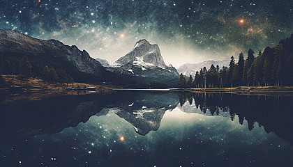 A constellation mirrored in a still mountain lake.