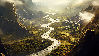 A winding river cutting through a deep valley.