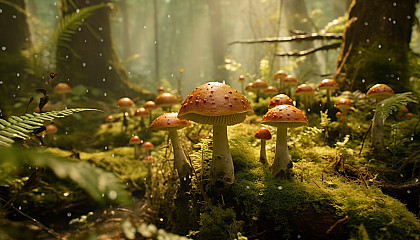 Whimsical mushroom clusters sprouting in a mossy forest floor.