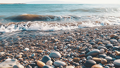 Gentle waves lapping the shore of a pebbled beach.