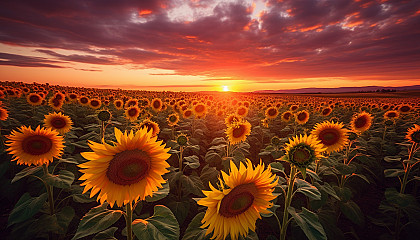 Sunflowers turning towards the sunlight in a vast field.