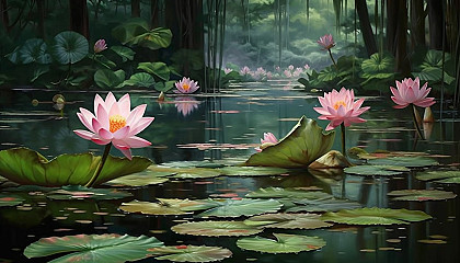 Blooming lotus flowers on a tranquil pond.