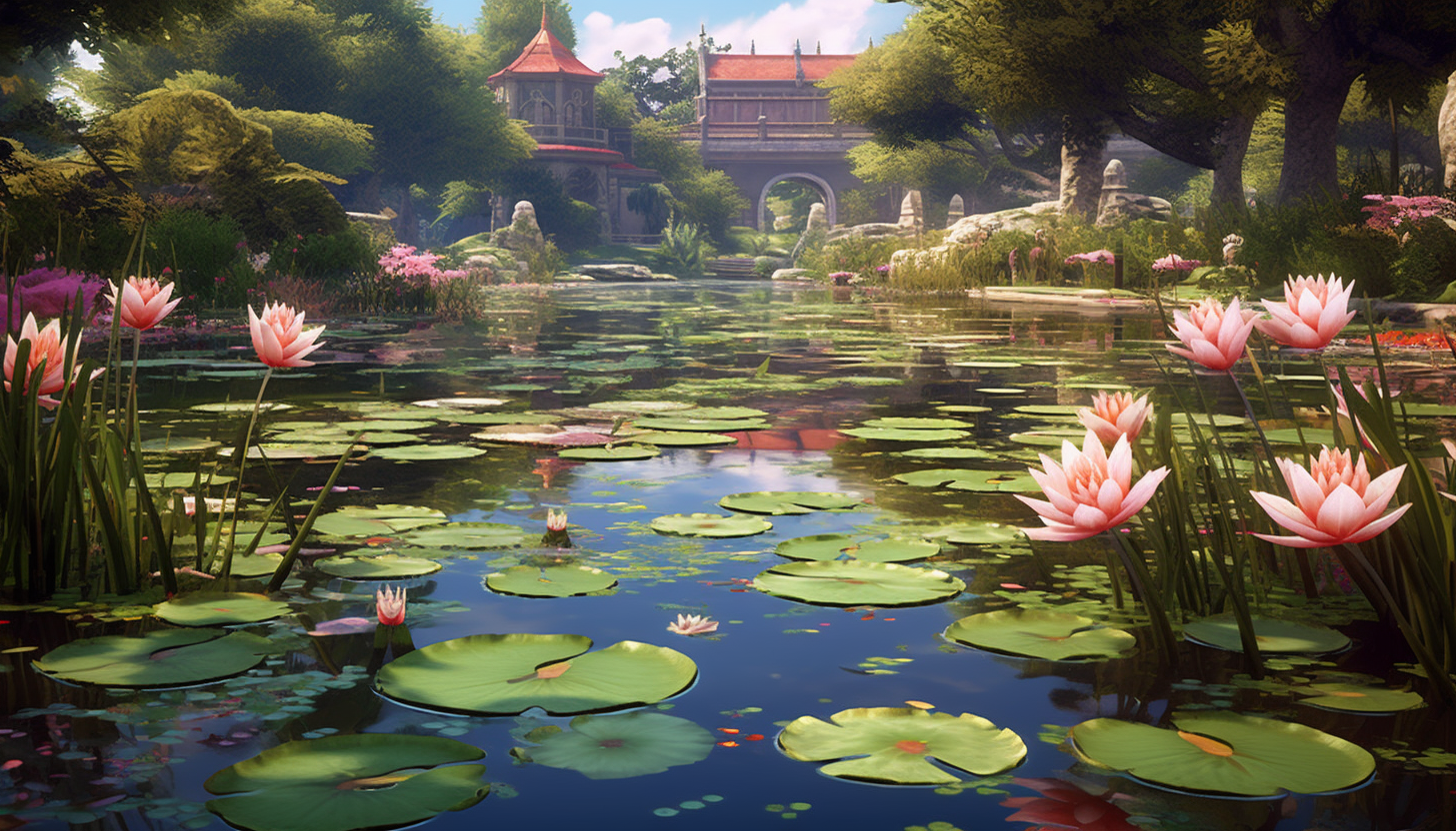 A tranquil lily pond dotted with blooming flowers.