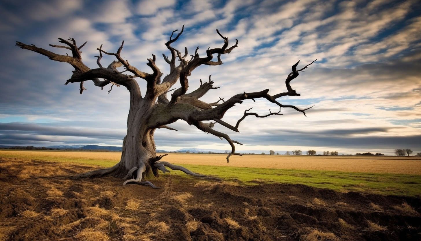 An old, gnarled tree standing alone in a field.