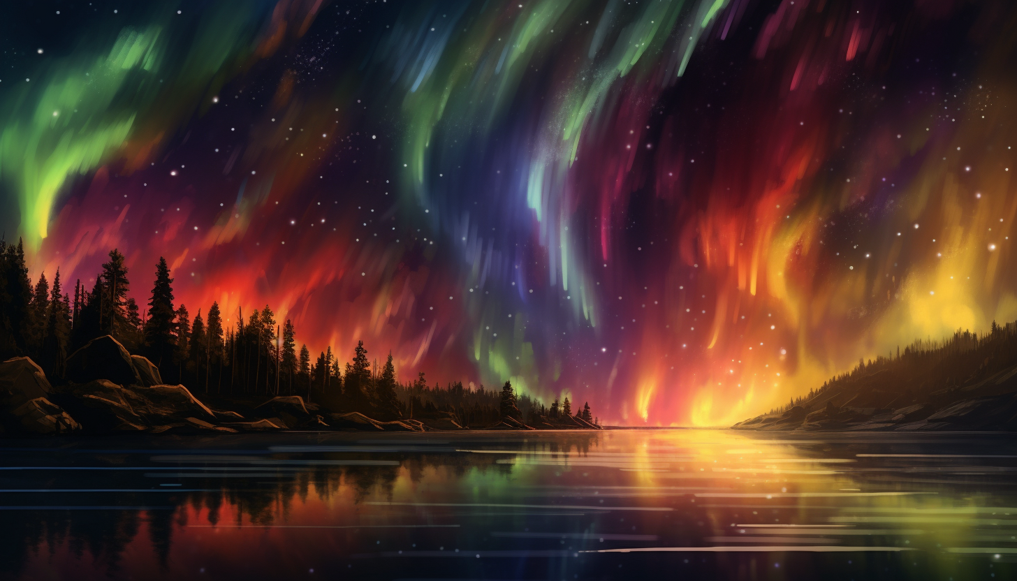 The Northern or Southern Lights dancing across the sky in an array of colors.