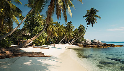 A secluded beach with pristine white sand and gently swaying palm trees.