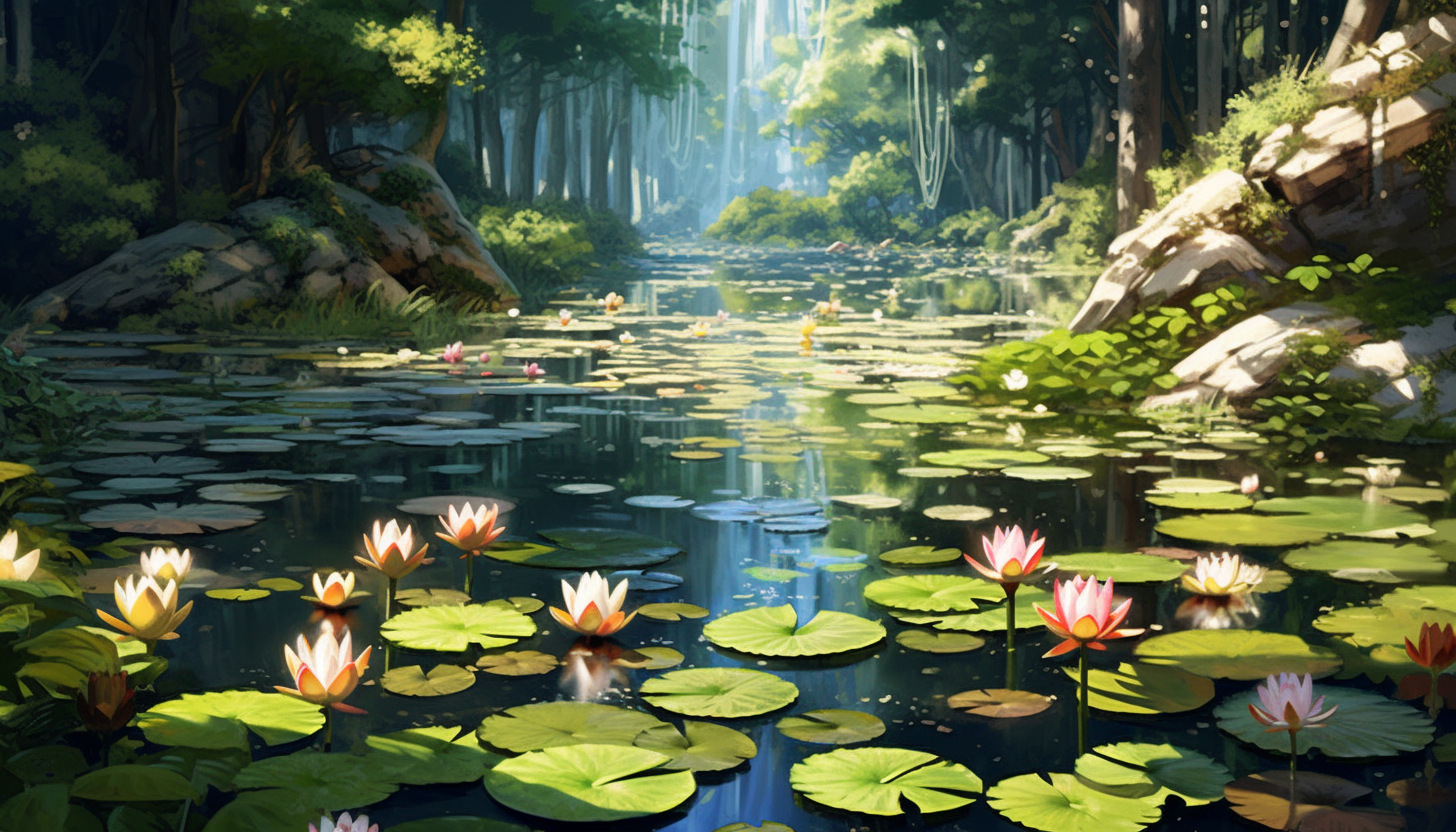 A tranquil pond covered with blooming water lilies.