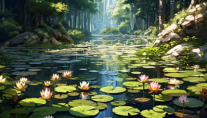 A tranquil pond covered with blooming water lilies.